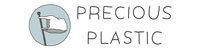 a white banner with the logo of Precious Plastic on the left. The circular logo shows a pole waving a white plastic bag as the flag. Next to it, on the right, is the name of this organisation in capital letters as if it was written by hand.