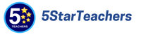 the logo of 5StarTeachers on the left and the text 5StarTeachers on the right. The logo is a dark blue circular logo with a big white number 5 on the left and 5 yellow stars in different sizes on the right. Below the number 5 and the stars is written the word Teachers