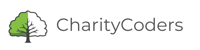 the logo of CharityCoders on the left and the name of the organisation CharityCoders on the right on top of a white background. The logo itself is the silhouette of a tree with a crest where the left side of the crest is filled with lush green and branches and the right side is transparent and also shows branches.