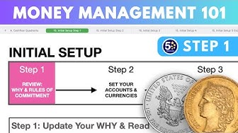 a video thumbnail showing a section of a spreadsheet, step 1 of the initial setup before you should manage your money with this money management spreadsheet and 2 coins to indicate that this video is about money and money management 